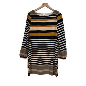 Pink Owl Womans Scoop Neck Blue Brown Yellow Striped Long Sleeve Dress Large